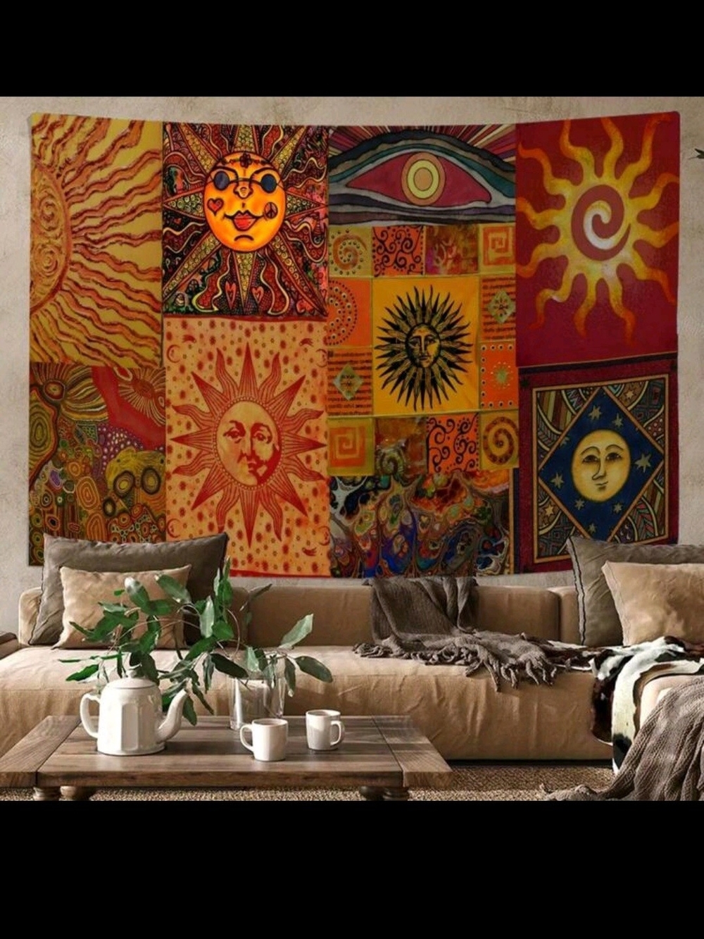 Bohemian Sun & Moon Tapestry Wall Art - Vibrant Orange and Red New